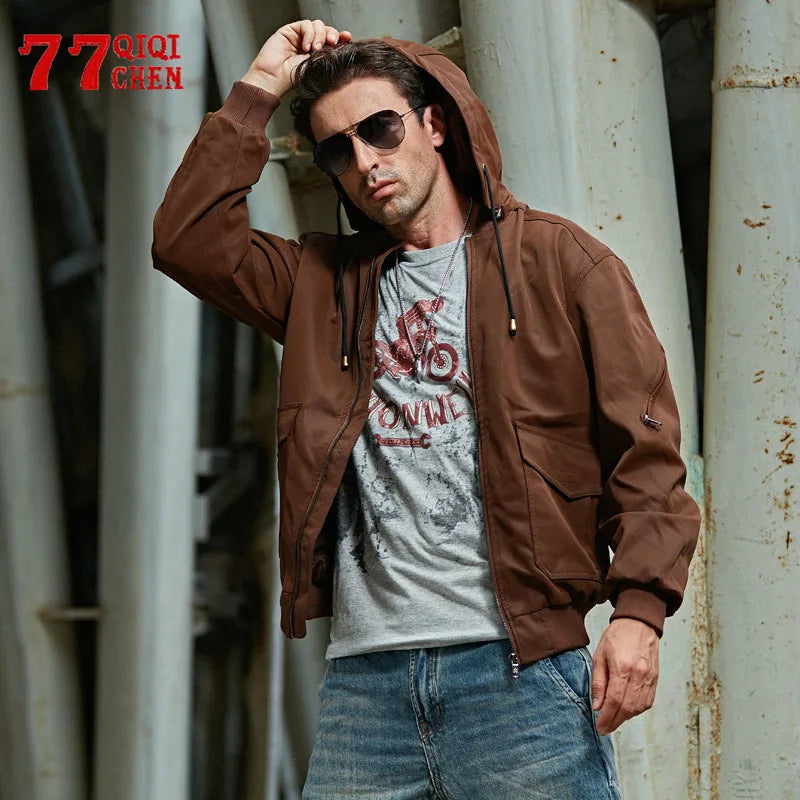 Men's Leather Hooded Jacket Autumn Winter Thicken Casual Fashion  Motorcycle PU Jackets Men Slim Multi-pocket Bomber Coats Male