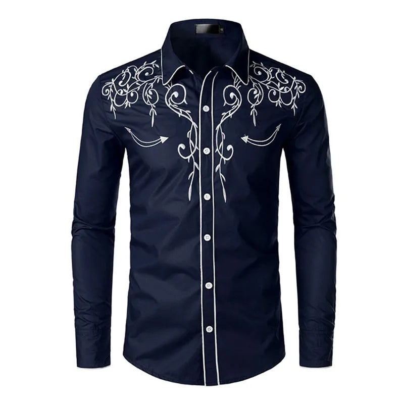 Ocidental cowboy bordado camisas dos homens casual manga longa fino ajuste camisa masculina festa de casamento social clube masculino formatura chemise homme