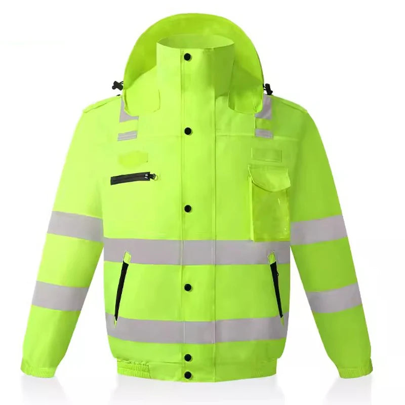 Men Workwear High Visibility Work Jacket Coat Reflective Safety Hooded Coat Wrok Clothing Warm Winter Jackets with Fleece Linner