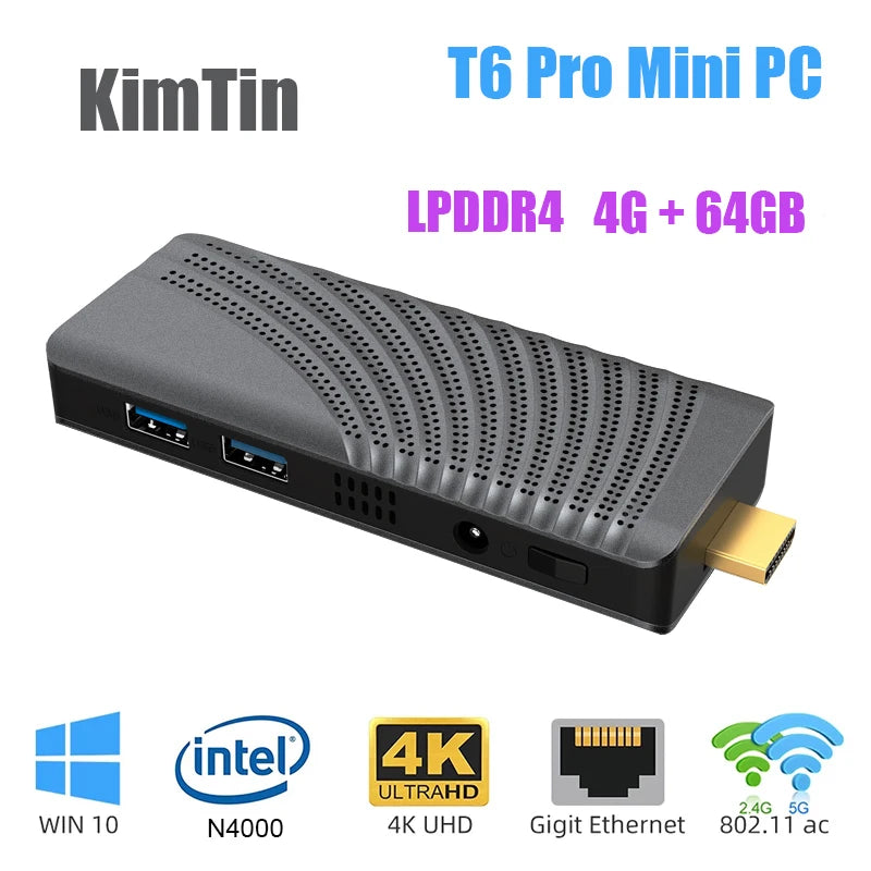KimTin Celeron N4000 Quad Core CPU 4GB 64GB 4K Fanless Mini PC Windows 10 Pro Stick Mini Computer HDMI 2.4G 5G WiFi 1000 LAN
