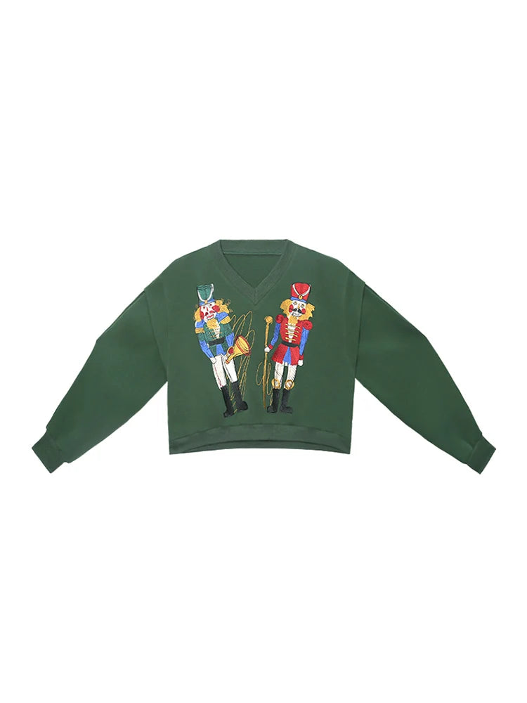 V-Neck Walnut Clip Embroidered Hoodie for Women, Spring and Autumn