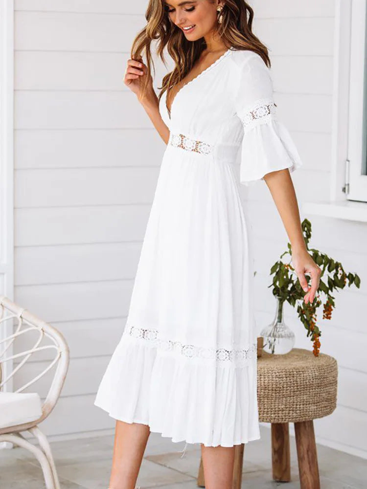 White Dress for Women Spring Summer Short Sleeve Hollow Out V-neck Casual Long Dress Bohemian Beach Style Dresses Female Vestido