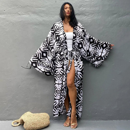 Kimono Bohemian Beach Swimsuit Cover Up Pareo Beach Women Tunics Beachwear 2023 Summer Long Bikini Blouse beach outfit for women