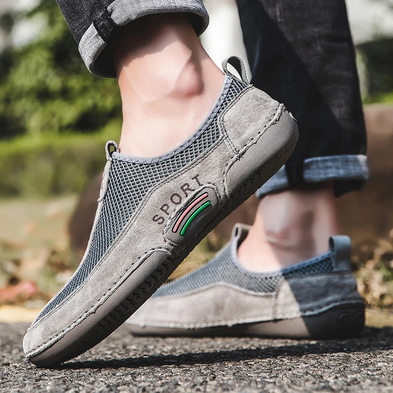 Leather Men Sneaker Shoes Slip On Mesh Breathable Loafers Shoes Outdoor Walking Casual Shoes Male Leisure Flats Moccasins Shoes
