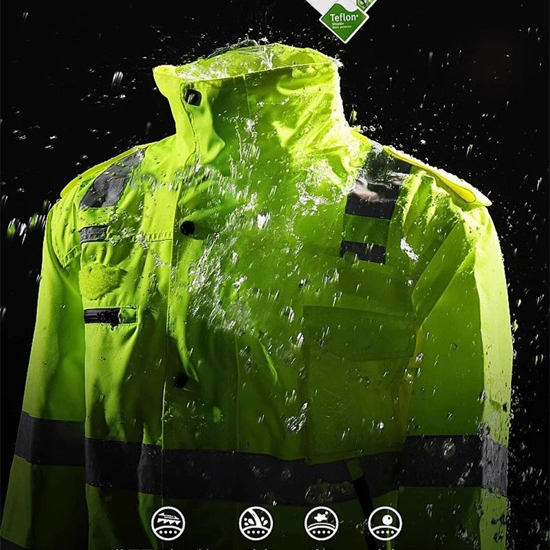 Men Workwear High Visibility Work Jacket Coat Reflective Safety Hooded Coat Wrok Clothing Warm Winter Jackets with Fleece Linner