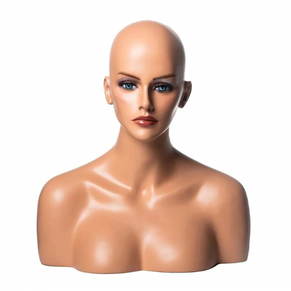 Female Realistic Head Mannequin with Shoulder, No Wig Display Model, Dark Brown and Beige Colors,for Hat Glasses, E185, 20Style