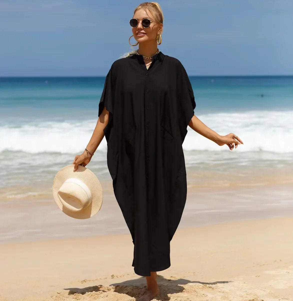 Primavera Verão Blusas Camisa Vestido T-Shirt Branco Preto Vestido Long Beach Mulheres Algodão Kaftan Solto Robe Vestido Praia Cover-ups