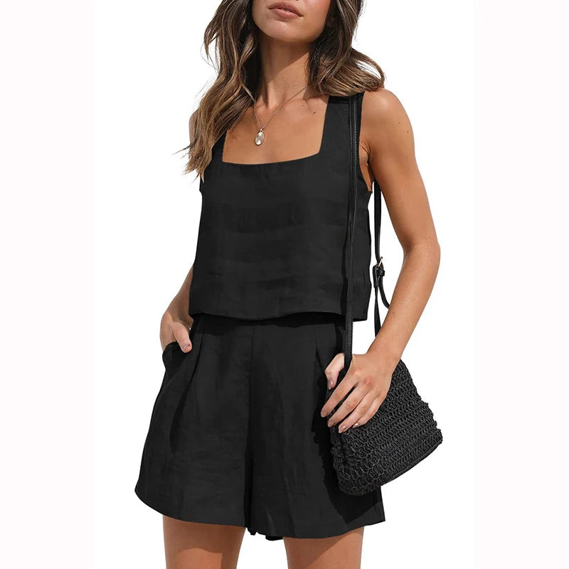 Casual Suit Women New 2023 Summer Square Collar Sleeveless Top And Wide Leg Shorts Two Piece Sets Female Fashion Sexy Loose Suit