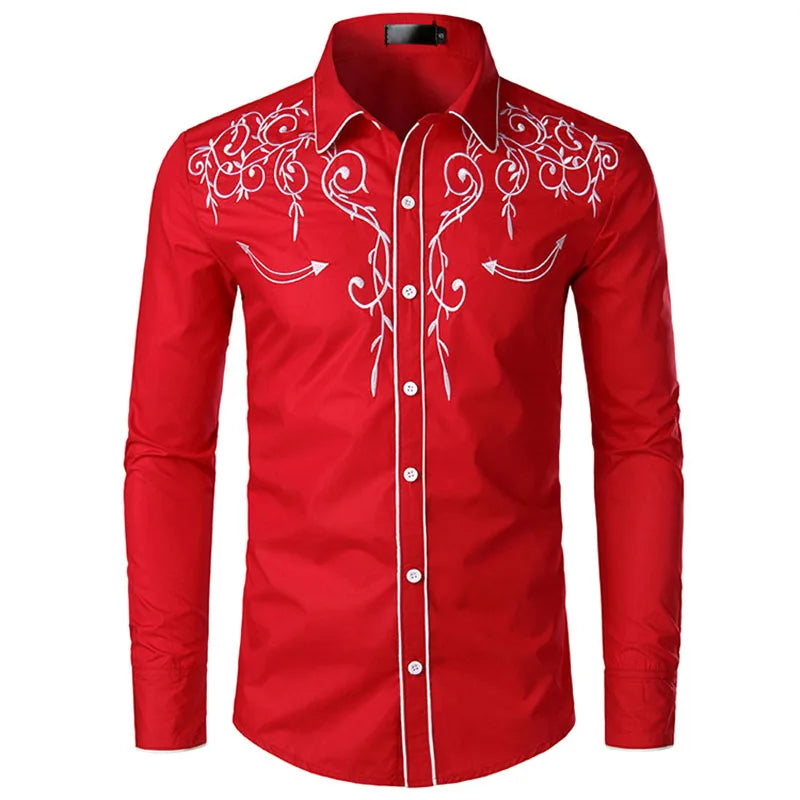 Ocidental cowboy bordado camisas dos homens casual manga longa fino ajuste camisa masculina festa de casamento social clube masculino formatura chemise homme