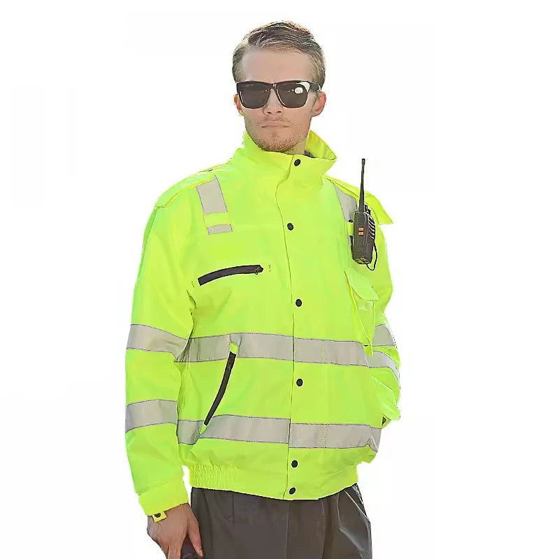 Men Workwear High Visibility Work Jacket Coat Reflective Safety Hooded Coat Wrok Clothing Warm Winter Jackets with Fleece Linner