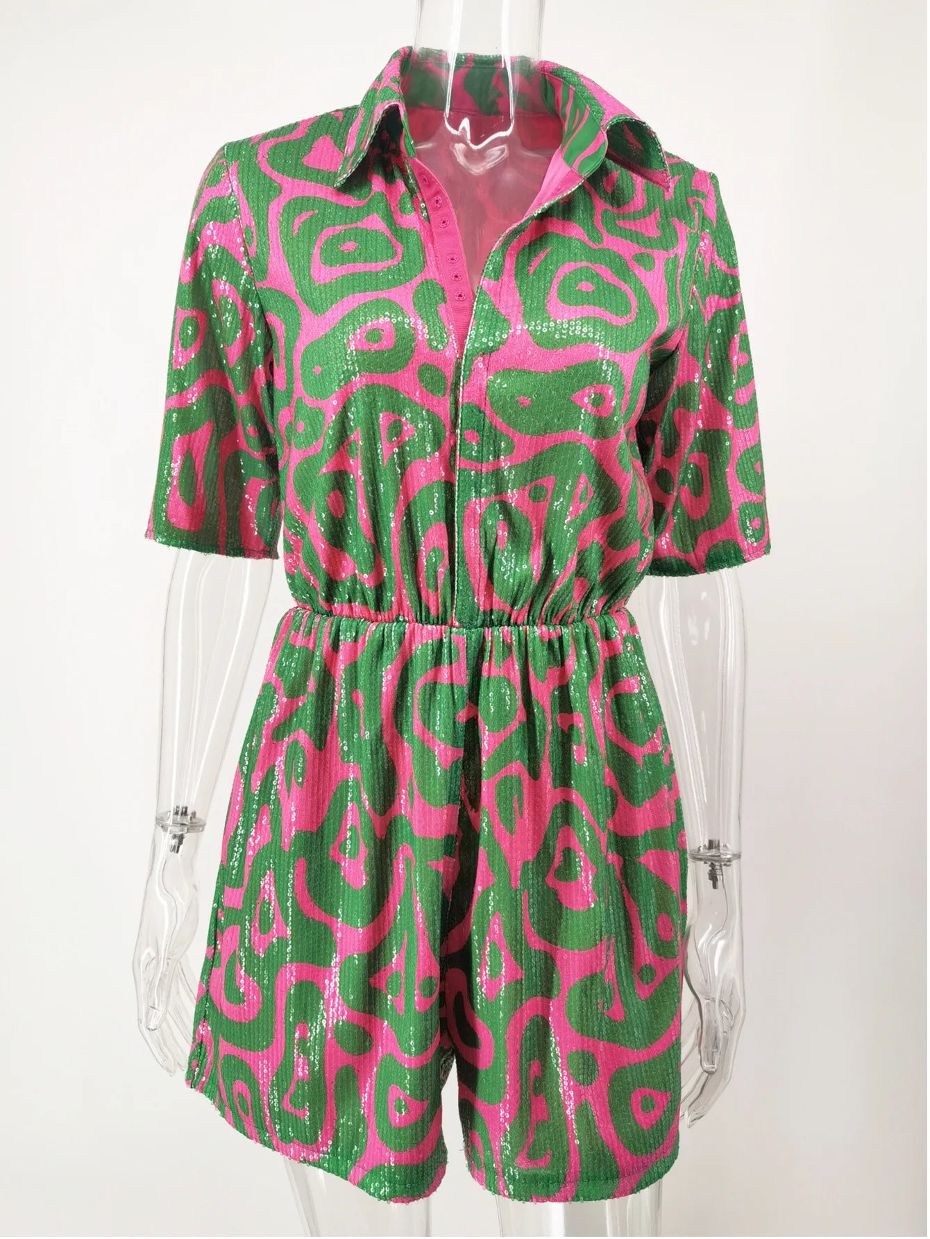 Sexy Elastic Waist Women Jumpsuit Deep V Neck Striped Sequin Wide Leg Jumpsuit Romper Loose Playsuit Clubwear