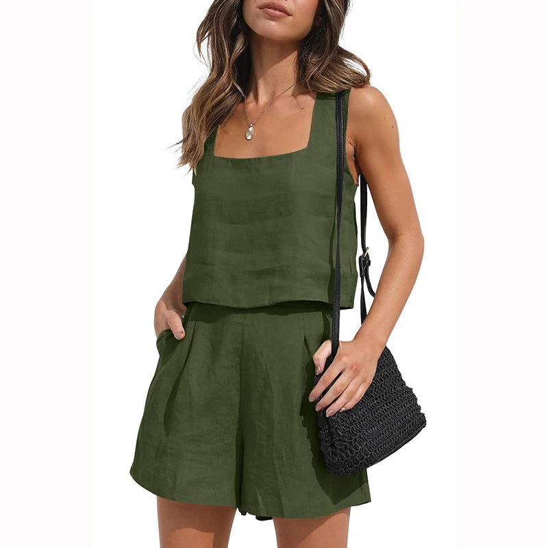 Casual Suit Women New 2023 Summer Square Collar Sleeveless Top And Wide Leg Shorts Two Piece Sets Female Fashion Sexy Loose Suit