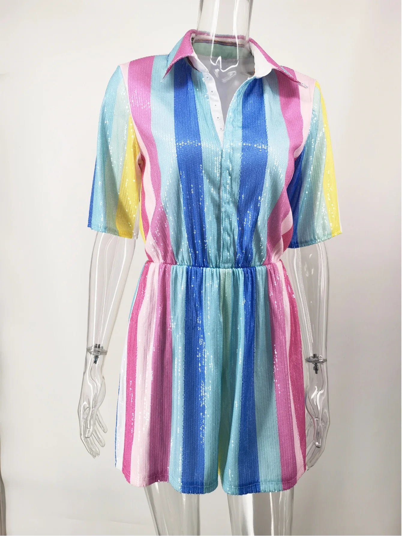 Sexy Elastic Waist Women Jumpsuit Deep V Neck Striped Sequin Wide Leg Jumpsuit Romper Loose Playsuit Clubwear