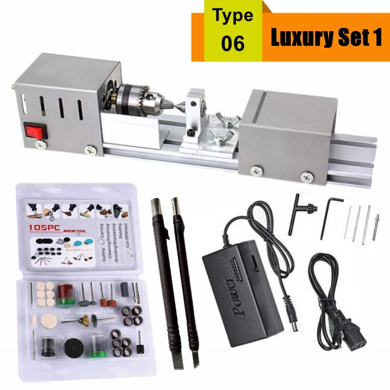Upgraded 110V-240V Mini Wood Lathe Machine Speed Adjustable Rotary Tool Set Buddha Pearl Lathe Grinding Polishing Woodwork Tool