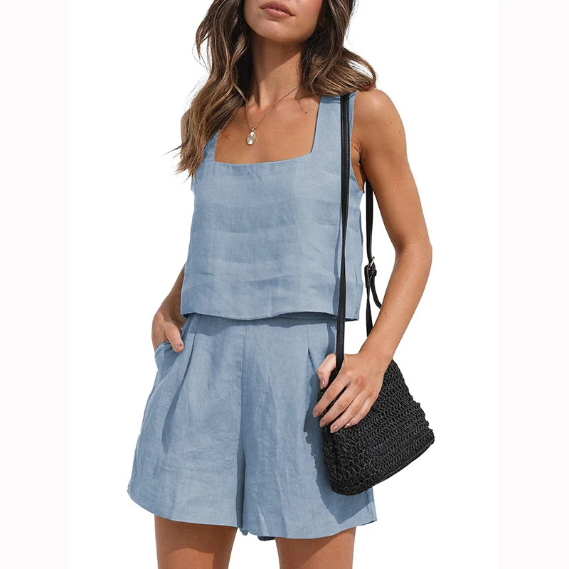 Casual Suit Women New 2023 Summer Square Collar Sleeveless Top And Wide Leg Shorts Two Piece Sets Female Fashion Sexy Loose Suit