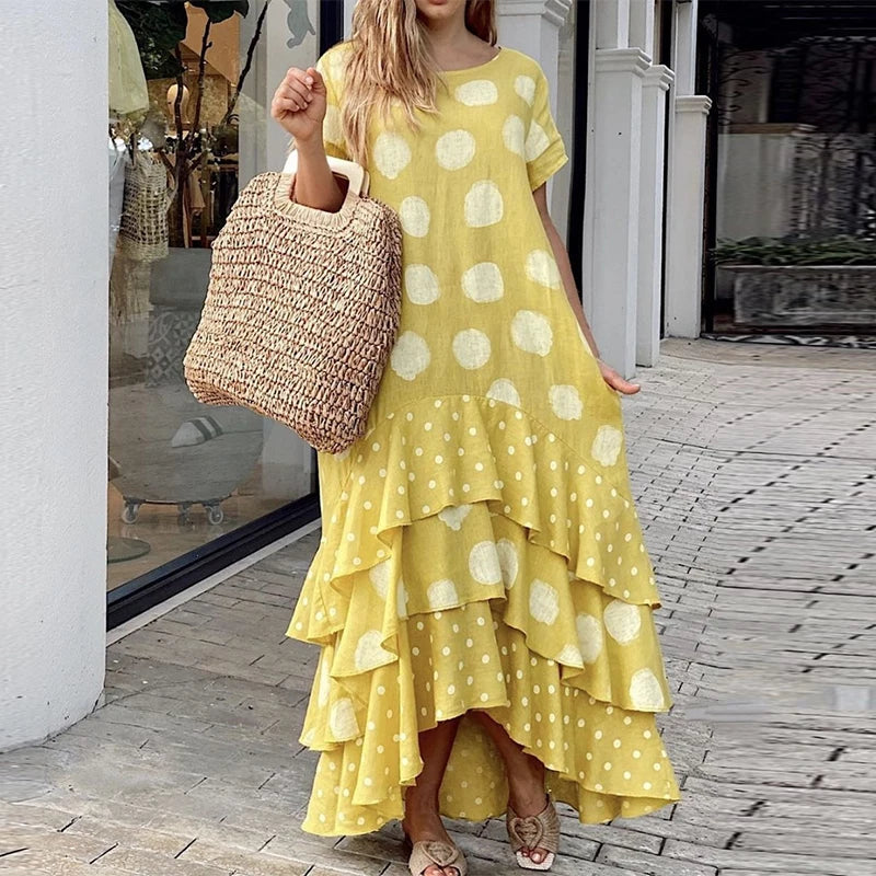 Women Casual Sleeveless Print Loose Dress Summer O-Neck Stitching Ruffle Long Beach Dress Leisure Streetwear Party Dress