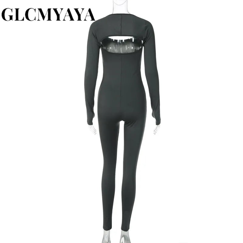 GLCMYAYA Women Streetwear Slim High Strecth Romper 2023 Casual Sporty Basics Solid Shawl Long Sleeve Jumpsuits 2 Piece Set