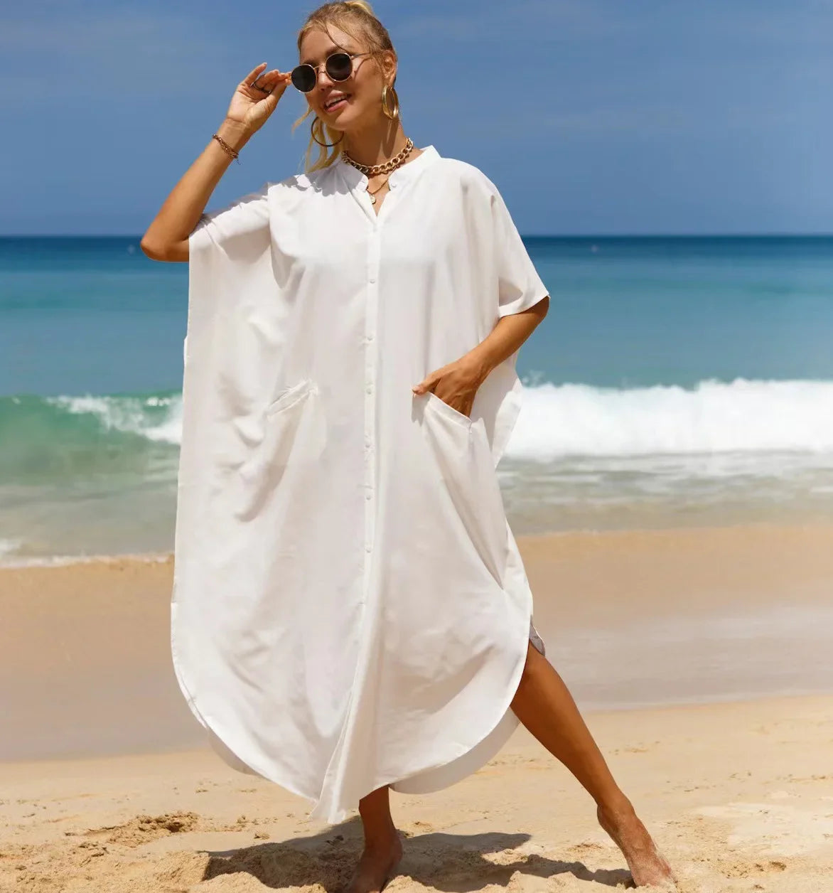 Primavera Verão Blusas Camisa Vestido T-Shirt Branco Preto Vestido Long Beach Mulheres Algodão Kaftan Solto Robe Vestido Praia Cover-ups