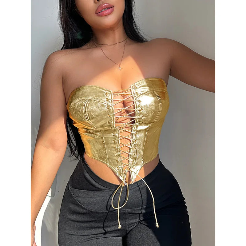 Shiny Gold Silver PU Leather Corsets Bustiers Sexy Women Lace-up Bandage Crown Girdle Slimming Waist Corset Tops Curve Shaper