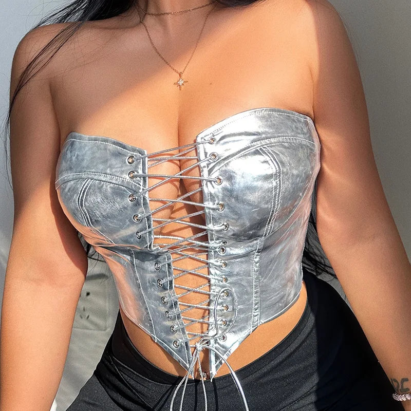 Shiny Gold Silver PU Leather Corsets Bustiers Sexy Women Lace-up Bandage Crown Girdle Slimming Waist Corset Tops Curve Shaper