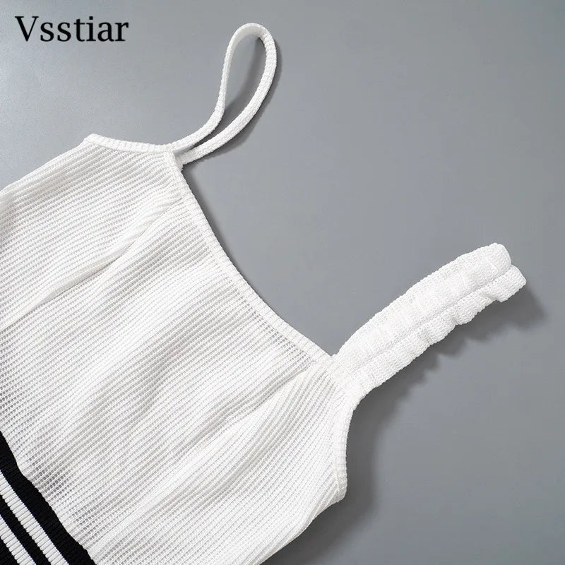 Vsstiar Sexy Sleeveless Patchwork Women Playsuit Fashion Striped Bodycon Overalls One Piece Casual Knitted Rompers Fitness