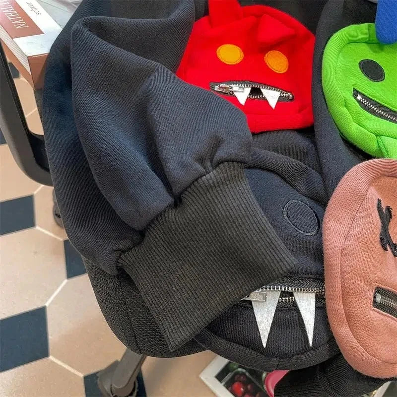 Autumn Women Casual Loose Sweatshirts Streetwear Hooded Hoody Geek Rock Long Blousa Smile Zippers Pockets Oversize Tops NZ226