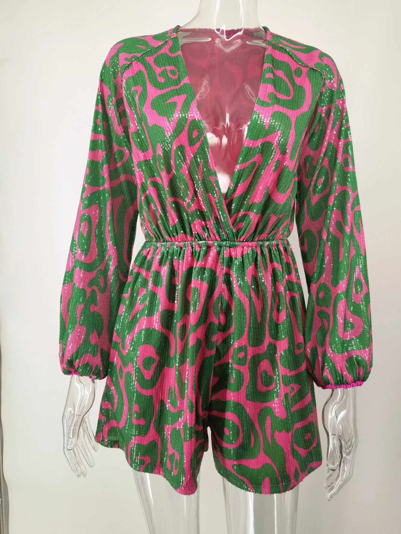 Sexy Elastic Waist Women Jumpsuit Deep V Neck Striped Sequin Wide Leg Jumpsuit Romper Loose Playsuit Clubwear