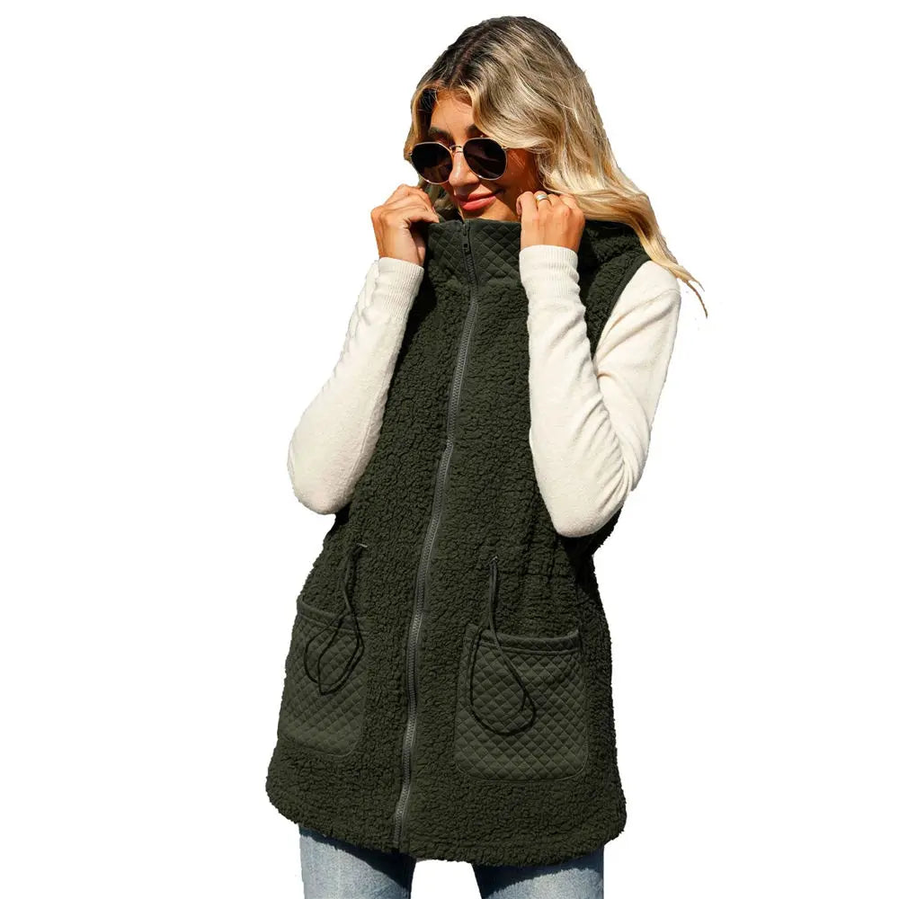 Winter Women Teddy Sweater Sherpa Fleece Vest Hooded Puffy Zipper Cardigan Patch Pockets Mid Long Tops Fluffy Warm Sweatshirts