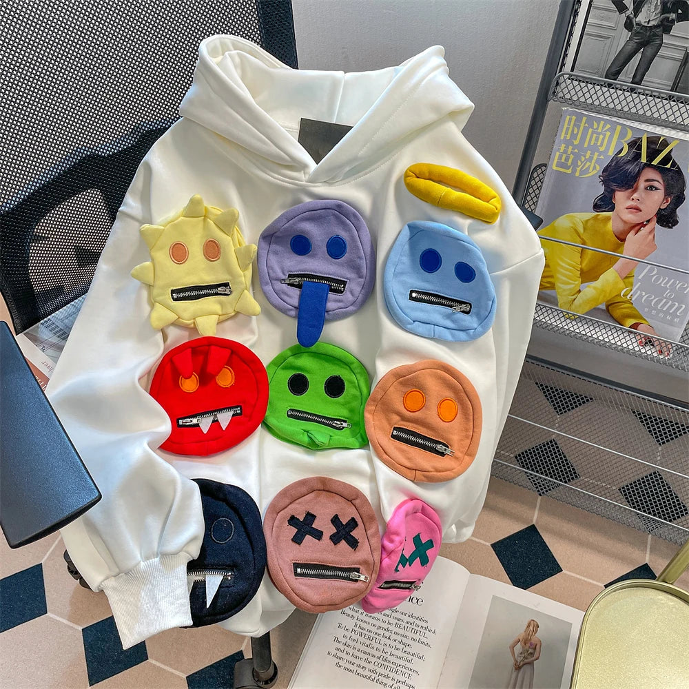 Autumn Women Casual Loose Sweatshirts Streetwear Hooded Hoody Geek Rock Long Blousa Smile Zippers Pockets Oversize Tops NZ226