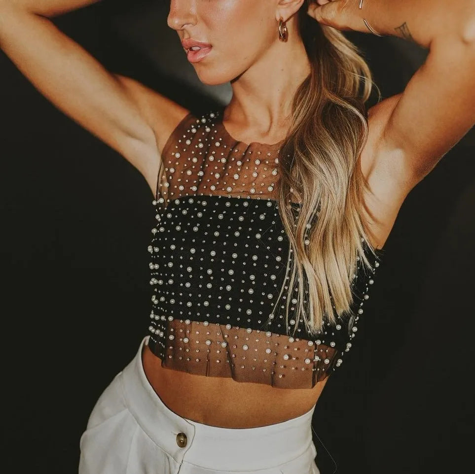 Sexy 3D Diamonds Mesh Cropped Tank Tops Women Summer Cover Up Beachwear See Through Rhinestone Net Party Club Tank Top Clothing
