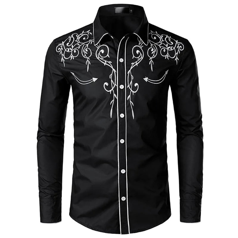 Ocidental cowboy bordado camisas dos homens casual manga longa fino ajuste camisa masculina festa de casamento social clube masculino formatura chemise homme