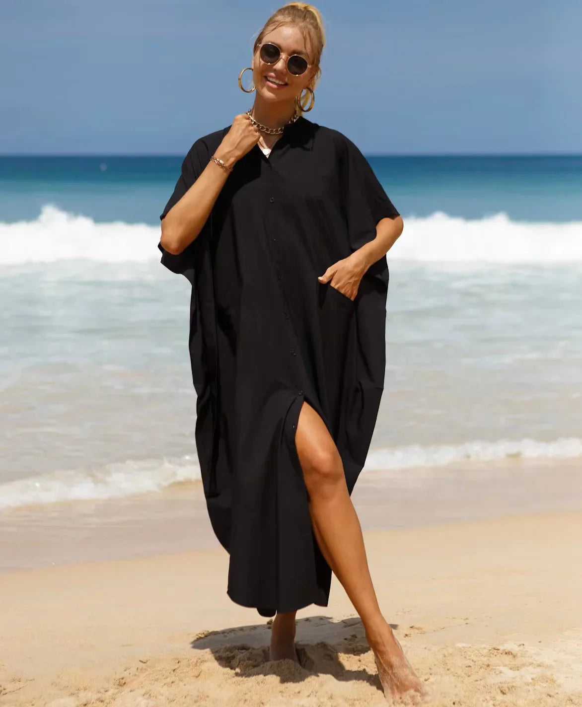 Primavera Verão Blusas Camisa Vestido T-Shirt Branco Preto Vestido Long Beach Mulheres Algodão Kaftan Solto Robe Vestido Praia Cover-ups