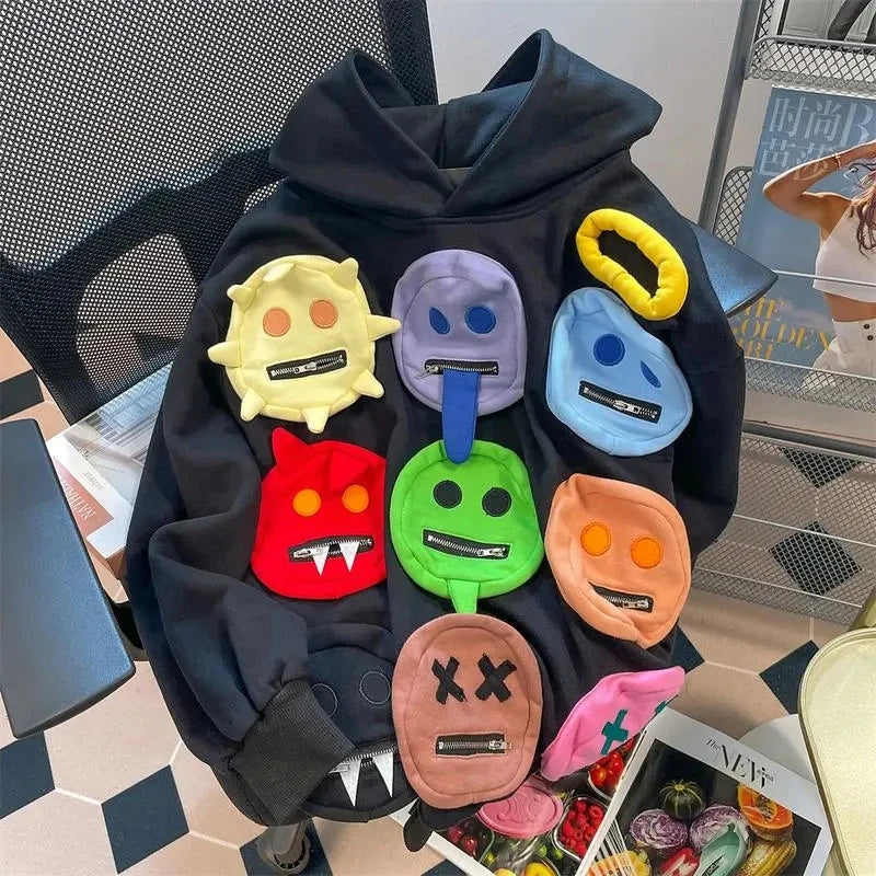 Autumn Women Casual Loose Sweatshirts Streetwear Hooded Hoody Geek Rock Long Blousa Smile Zippers Pockets Oversize Tops NZ226