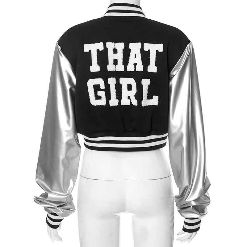Fashion Women Letter Embroidery Cropped Baseball Jacket Silver PU Leather Sleeve Outcoats Varsity Buttons Bomber Jackets Uniform