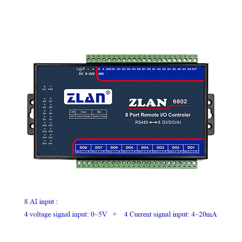 Módulo Ethernet Modbus E/S, Coletor de dados RTU, Controlador de E/S remoto de 8 canais, DI AI DO, RS485, ZLAN6802