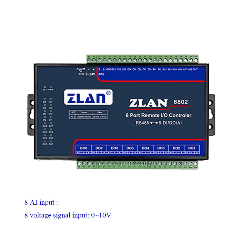 Módulo Ethernet Modbus E/S, Coletor de dados RTU, Controlador de E/S remoto de 8 canais, DI AI DO, RS485, ZLAN6802