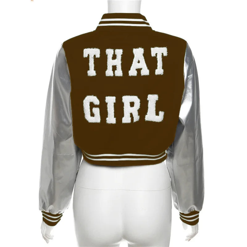 Fashion Women Letter Embroidery Cropped Baseball Jacket Silver PU Leather Sleeve Outcoats Varsity Buttons Bomber Jackets Uniform