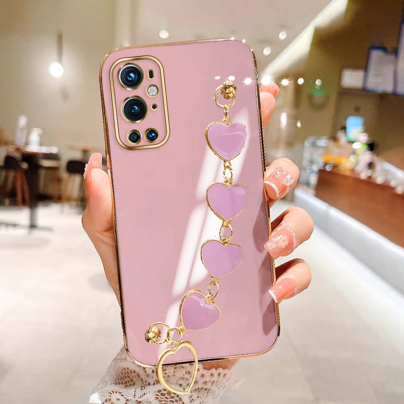 Fashion Plating Love Heart Bracelet Pearl Chain Phone Case For OnePlus 8 8Pro 8T 9 9Pro OnePlus Nord 2 5G Not Phone1 Back Cover