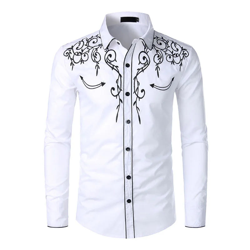 Ocidental cowboy bordado camisas dos homens casual manga longa fino ajuste camisa masculina festa de casamento social clube masculino formatura chemise homme