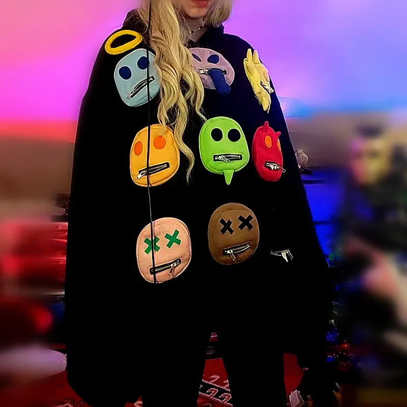 Autumn Women Casual Loose Sweatshirts Streetwear Hooded Hoody Geek Rock Long Blousa Smile Zippers Pockets Oversize Tops NZ226