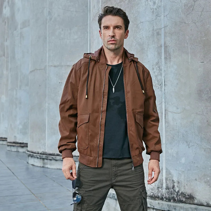 Men's Leather Hooded Jacket Autumn Winter Thicken Casual Fashion  Motorcycle PU Jackets Men Slim Multi-pocket Bomber Coats Male