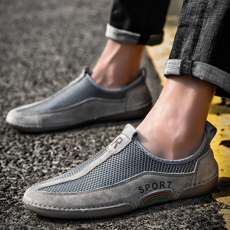 Leather Men Sneaker Shoes Slip On Mesh Breathable Loafers Shoes Outdoor Walking Casual Shoes Male Leisure Flats Moccasins Shoes