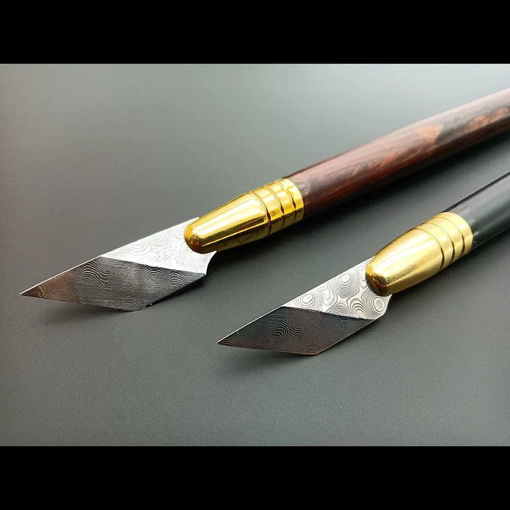Baver Leather craft Damascus steel bevel-point edge knives wooden Carving Pen Knife Cutting Cutter Tool Diy
