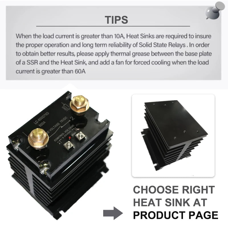 DC control DC Solid State Relay 3-32VDC control 75VDC load voltage high current 500A 1000A with heat sink raditor high power SSR
