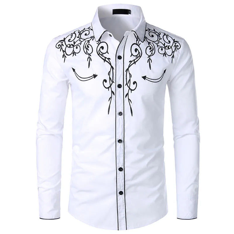 Ocidental cowboy bordado camisas dos homens casual manga longa fino ajuste camisa masculina festa de casamento social clube masculino formatura chemise homme