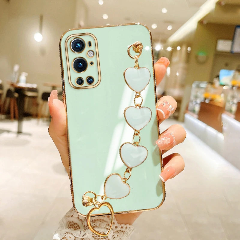 Fashion Plating Love Heart Bracelet Pearl Chain Phone Case For OnePlus 8 8Pro 8T 9 9Pro OnePlus Nord 2 5G Not Phone1 Back Cover