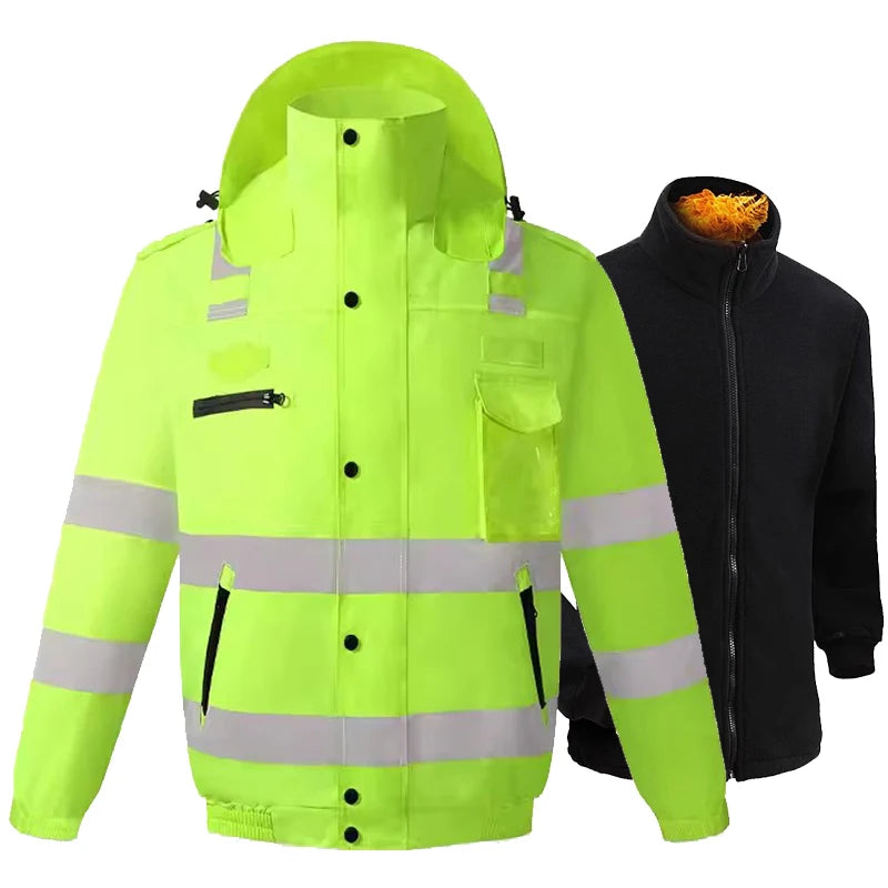 Men Workwear High Visibility Work Jacket Coat Reflective Safety Hooded Coat Wrok Clothing Warm Winter Jackets with Fleece Linner