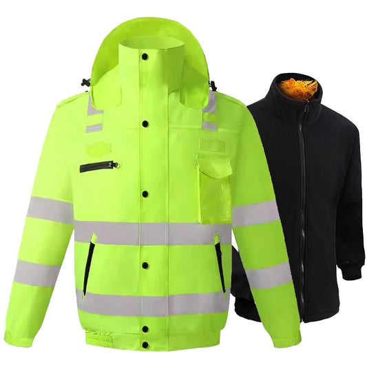 Men Workwear High Visibility Work Jacket Coat Reflective Safety Hooded Coat Wrok Clothing Warm Winter Jackets with Fleece Linner