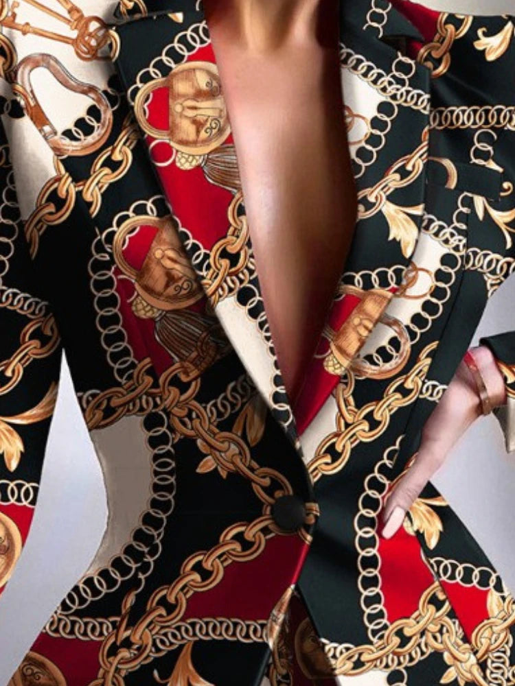 GLCMYAYA Women Fashion Leopard Chain Paisley Blazer Suit and Shorts Streetwear Chic Female Two 2 Piece Set Outfits Winter Autumn