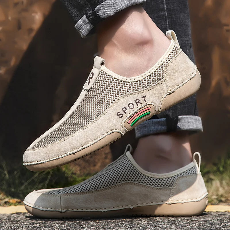 Leather Men Sneaker Shoes Slip On Mesh Breathable Loafers Shoes Outdoor Walking Casual Shoes Male Leisure Flats Moccasins Shoes